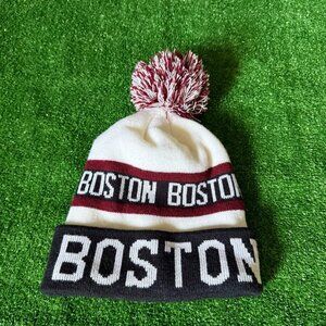 Boston Spellout Pom Pom Knit Beanie Winter Hat White Burgundy Black Unisex OSFM